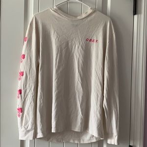 Obey white and pink long sleeve tee with roses